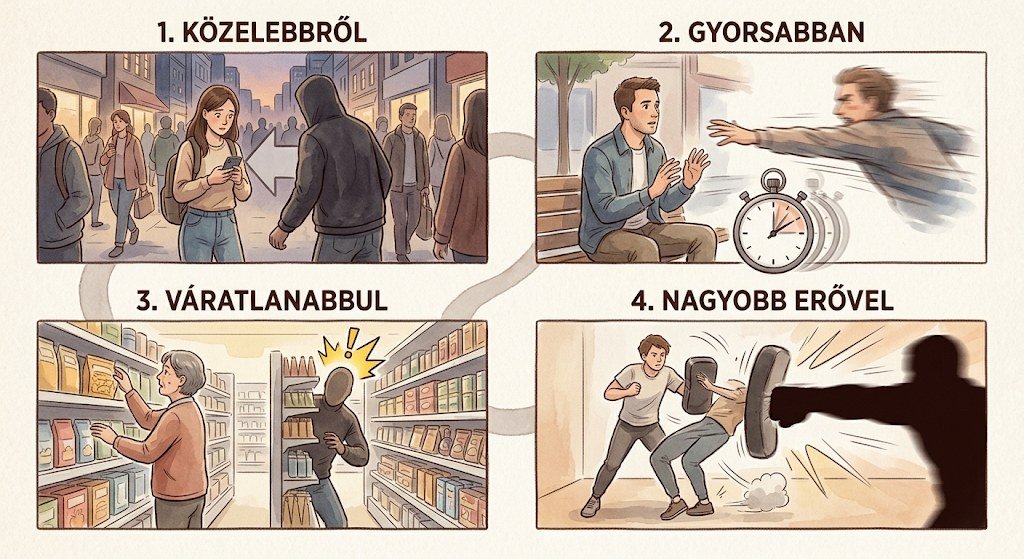 Négy képkocka: a támadás közelebbről, gyorsabban, váratlanabbul és nagyobb erővel érkezik, mint az edzőteremben