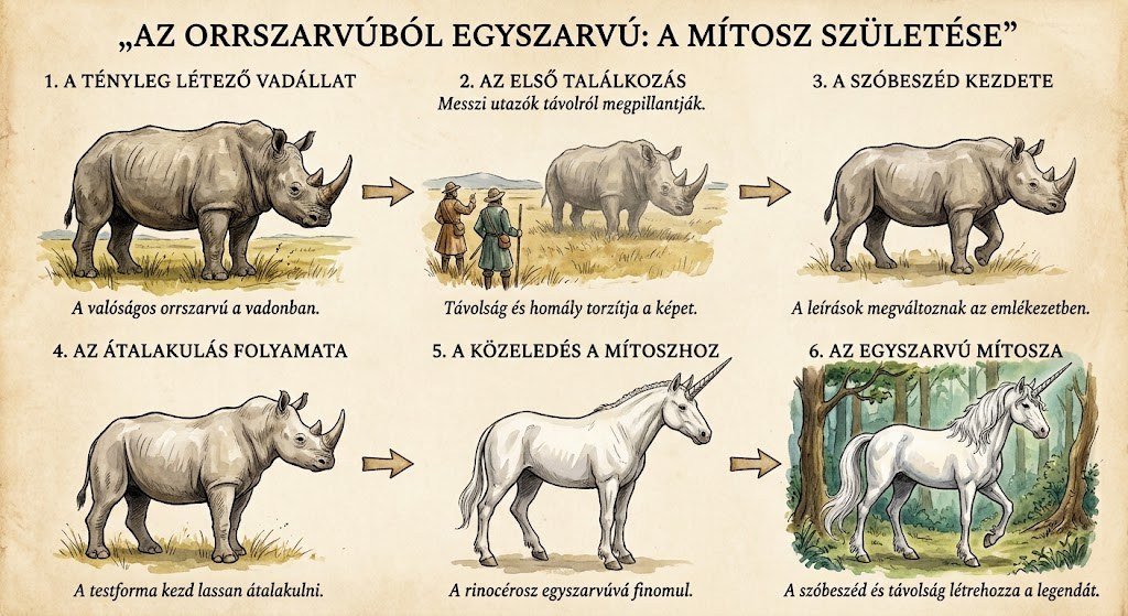 Hat képkockás ábra arról, hogyan válik a valóságos orrszarvúból távolság és szóbeszéd útján egyszarvú-mítosz